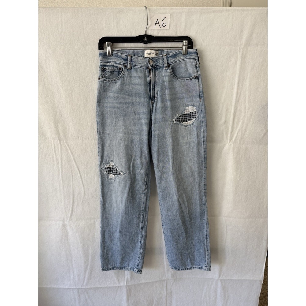 Abercrombie Kids Baggy Jeans Girls Size 15/16 Light Wash Distressed Plaid Patch